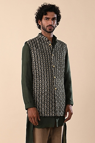 Navy Blue Linen Satin Thread Work Nehru Jacket by Kunal Rawal