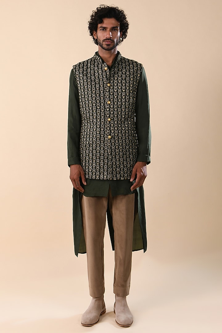 Navy Blue Linen Satin Thread Work Nehru Jacket by Kunal Rawal at Pernia's Pop Up Shop