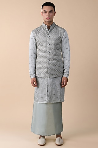 Ice Blue Linen Satin Ombre Nehru Jacket With Kurta by Kunal Rawal