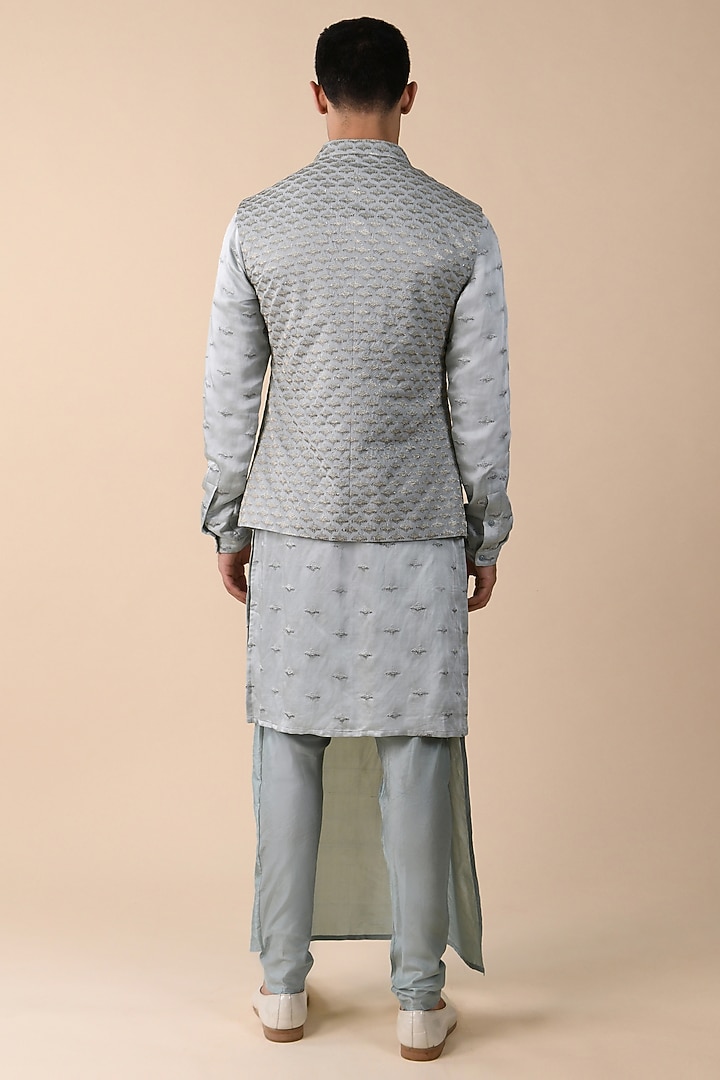 Ice Blue Linen Satin Ombre Nehru Jacket With Kurta by Kunal Rawal at Pernia's Pop Up Shop