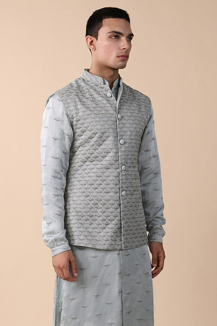 Ice Blue Linen Satin Ombre Nehru Jacket With Kurta by Kunal Rawal at Pernia's Pop Up Shop