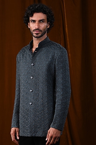Teal Linen Satin Phulkari Geometric Beaded Bandhgala Jacket by Kunal Rawal