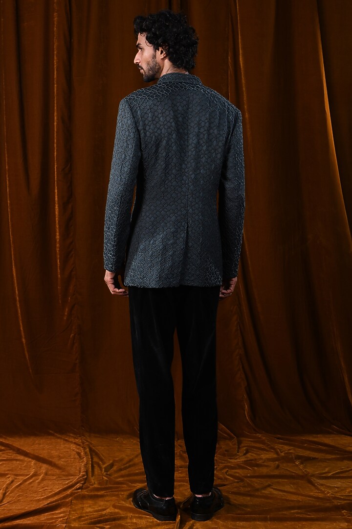 Teal Linen Satin Phulkari Geometric Beaded Groom Bandhgala Jacket by Kunal Rawal at Pernia's Pop Up Shop