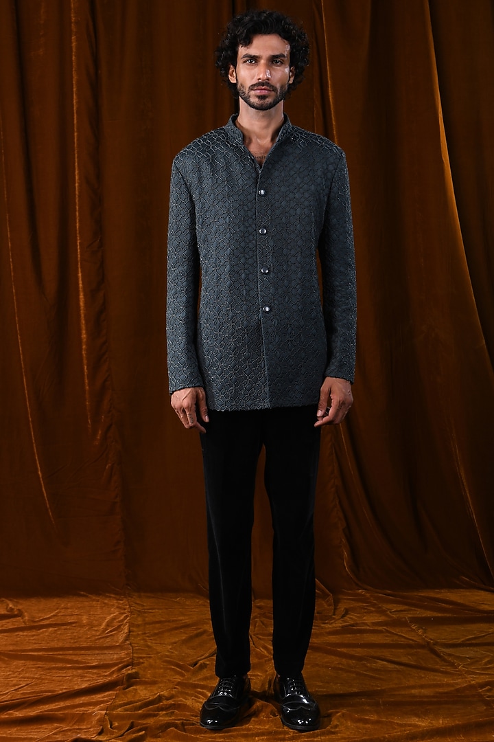 Teal Linen Satin Phulkari Geometric Beaded Groom Bandhgala Jacket by Kunal Rawal at Pernia's Pop Up Shop