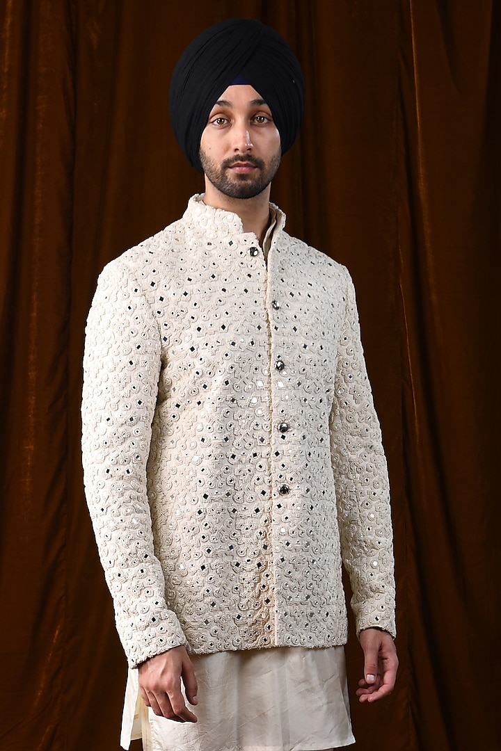 Vanilla White Raw Silk Mirror & French Knot Embroidered Bandhgala Jacket by Kunal Rawal