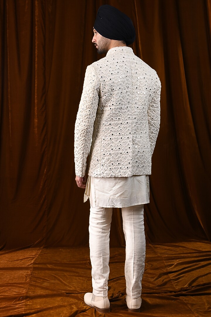 Vanilla White Raw Silk Mirror & French Knot Embroidered Groom Bandhgala Jacket by Kunal Rawal at Pernia's Pop Up Shop
