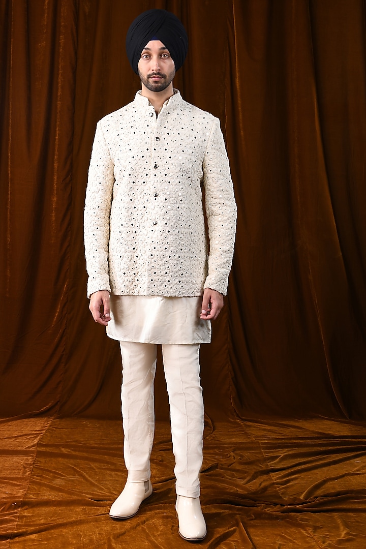 Vanilla White Raw Silk Mirror & French Knot Embroidered Groom Bandhgala Jacket by Kunal Rawal at Pernia's Pop Up Shop