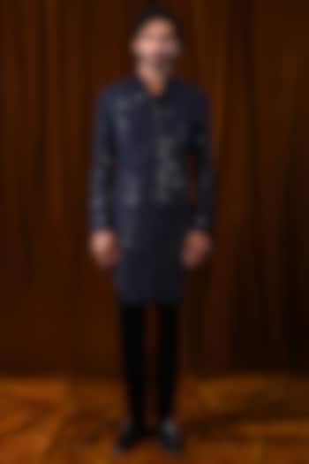 Midnight Blue Raw Silk Mirror & French Knot Embroidered Sherwani by Kunal Rawal