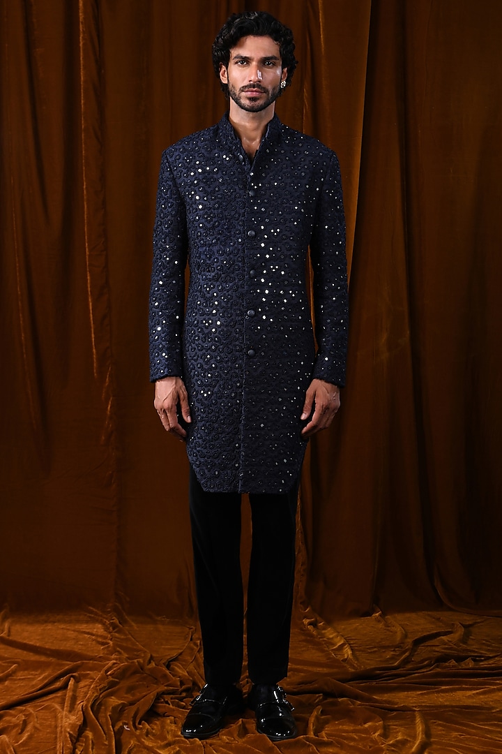 Midnight Blue Raw Silk Mirror & French Knot Embroidered Groom Sherwani by Kunal Rawal at Pernia's Pop Up Shop