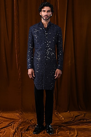 Midnight Blue Raw Silk Mirror & French Knot Embroidered Sherwani by Kunal Rawal