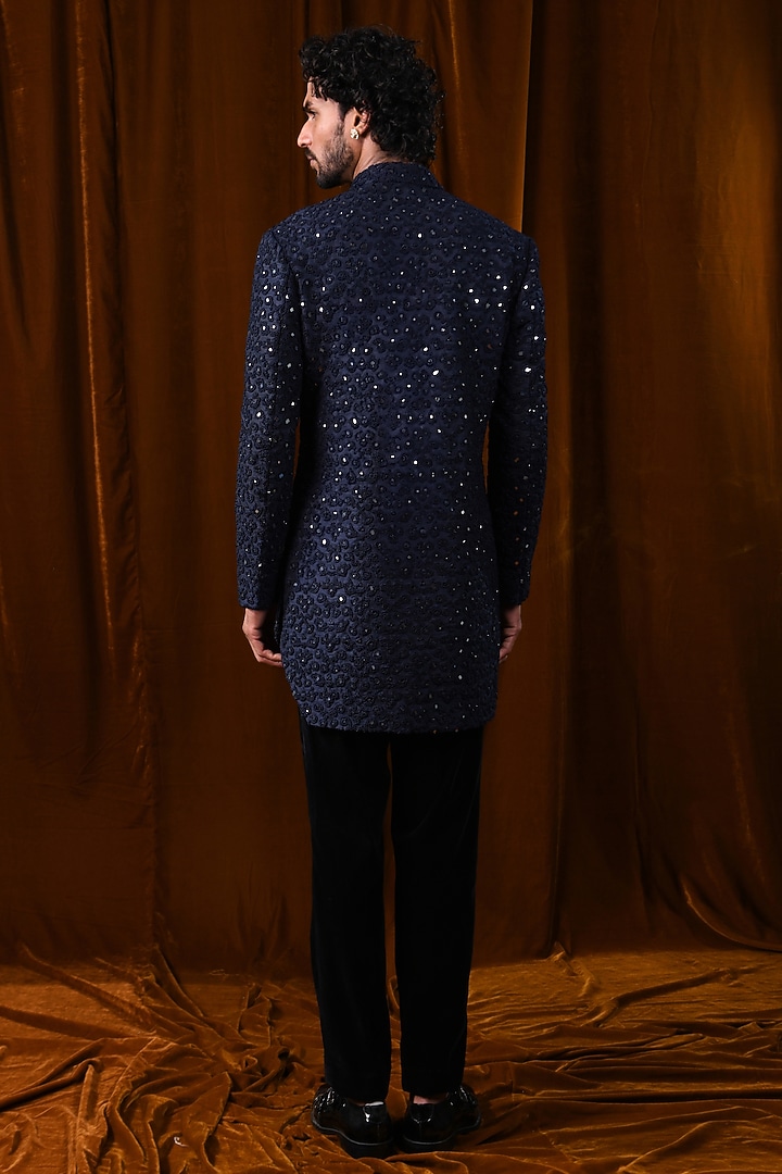 Midnight Blue Raw Silk Mirror & French Knot Embroidered Groom Sherwani by Kunal Rawal at Pernia's Pop Up Shop