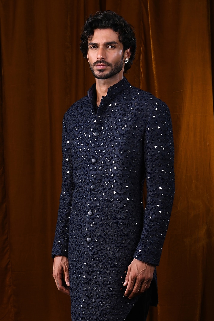 Midnight Blue Raw Silk Mirror & French Knot Embroidered Groom Sherwani by Kunal Rawal at Pernia's Pop Up Shop
