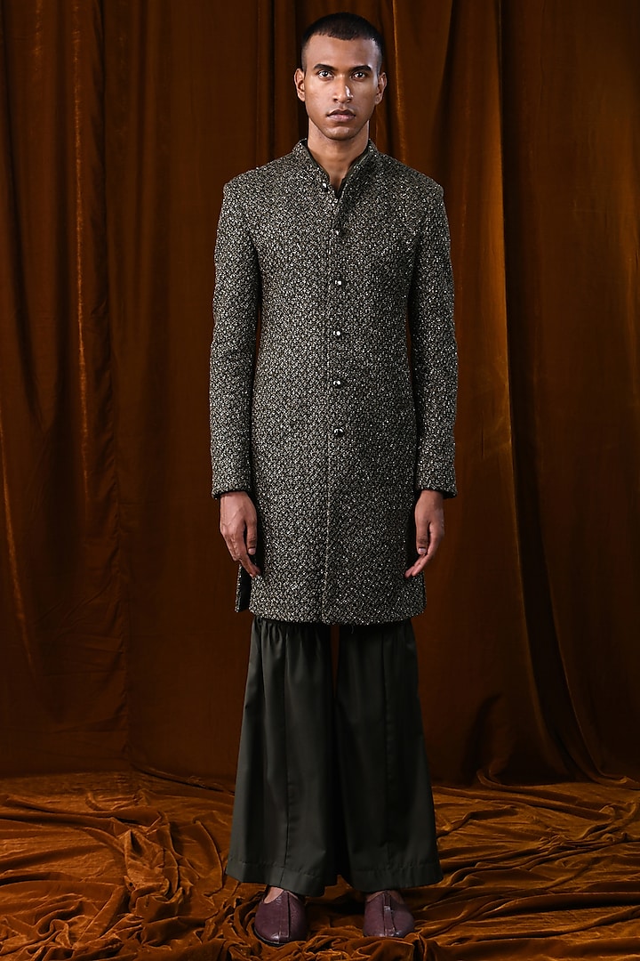 Dark Olive Linen Satin Thread Work Sherwani by Kunal Rawal