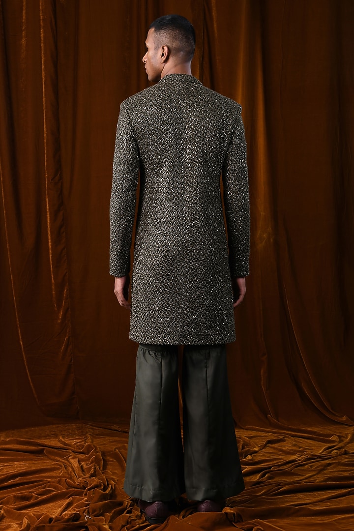 Dark Olive Linen Satin Thread Work Groom Sherwani by Kunal Rawal at Pernia's Pop Up Shop