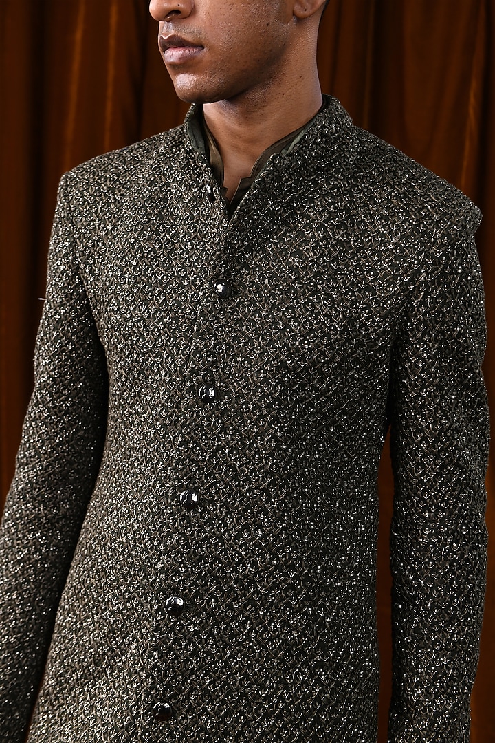 Dark Olive Linen Satin Thread Work Groom Sherwani by Kunal Rawal at Pernia's Pop Up Shop