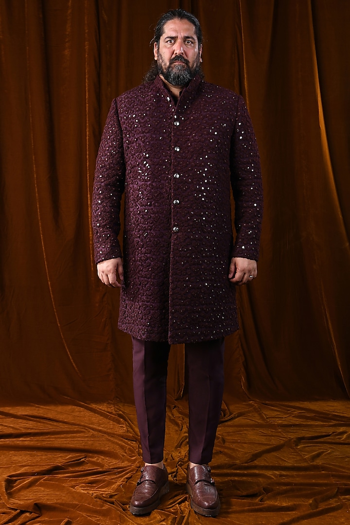 Dark Wine Raw Silk Mirror & French Knot Embroidered Sherwani by Kunal Rawal