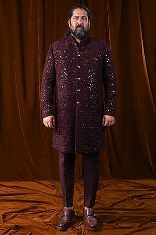 Dark Wine Raw Silk Mirror & French Knot Embroidered Sherwani by Kunal Rawal