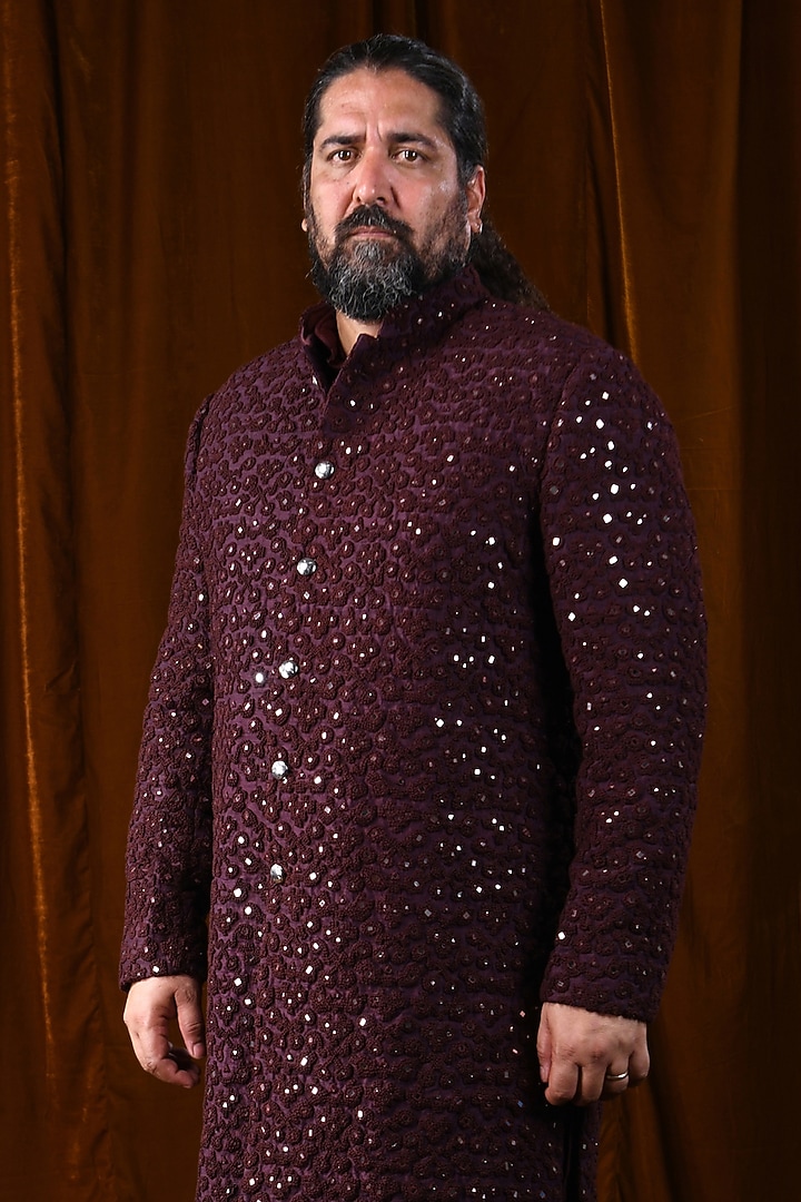Dark Wine Raw Silk Mirror & French Knot Embroidered Groom Sherwani by Kunal Rawal at Pernia's Pop Up Shop