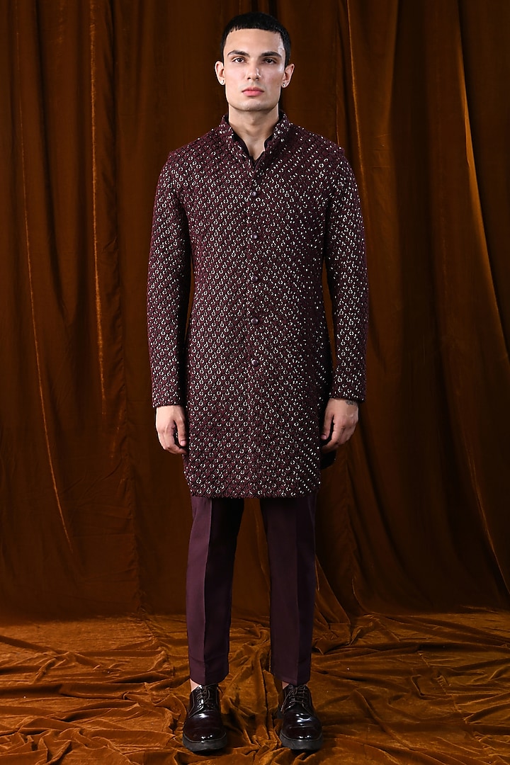 Wine Linen Satin Knotted Pattern Sherwani With Kurta by Kunal Rawal