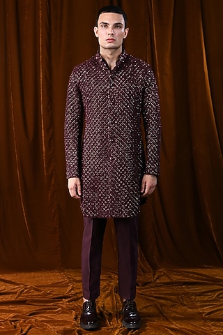 Wine Linen Satin Knotted Pattern Sherwani With Kurta by Kunal Rawal