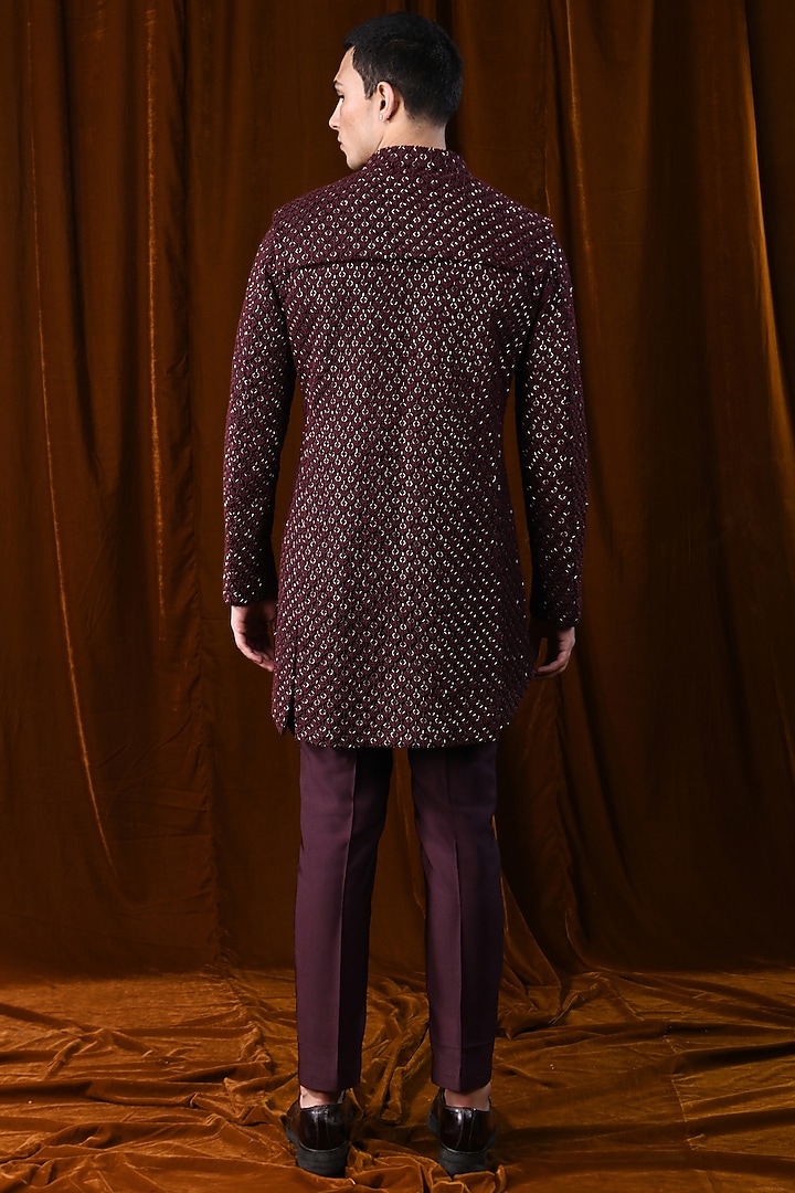 Wine Linen Satin Knotted Pattern Groom Sherwani With Kurta by Kunal Rawal at Pernia's Pop Up Shop