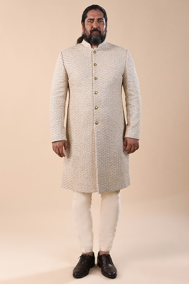 Vanilla White Linen Satin Thread Work Sherwani by Kunal Rawal