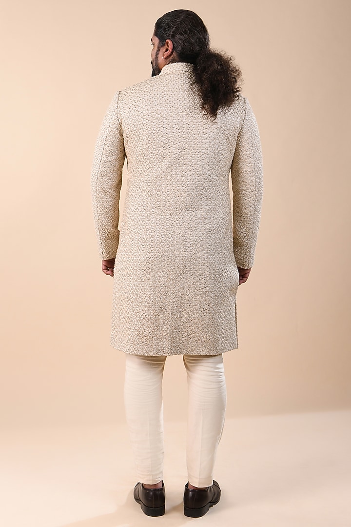 Vanilla White Linen Satin Thread Work Groom Sherwani by Kunal Rawal at Pernia's Pop Up Shop