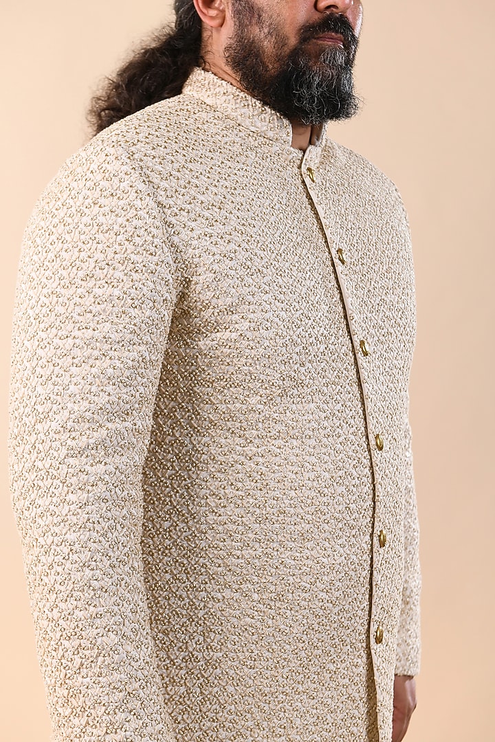Vanilla White Linen Satin Thread Work Groom Sherwani by Kunal Rawal at Pernia's Pop Up Shop