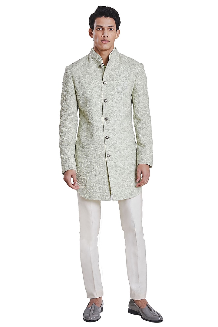 Mint Green Suiting Foilage Knotted Groom Sherwani by Kunal Rawal at Pernia's Pop Up Shop