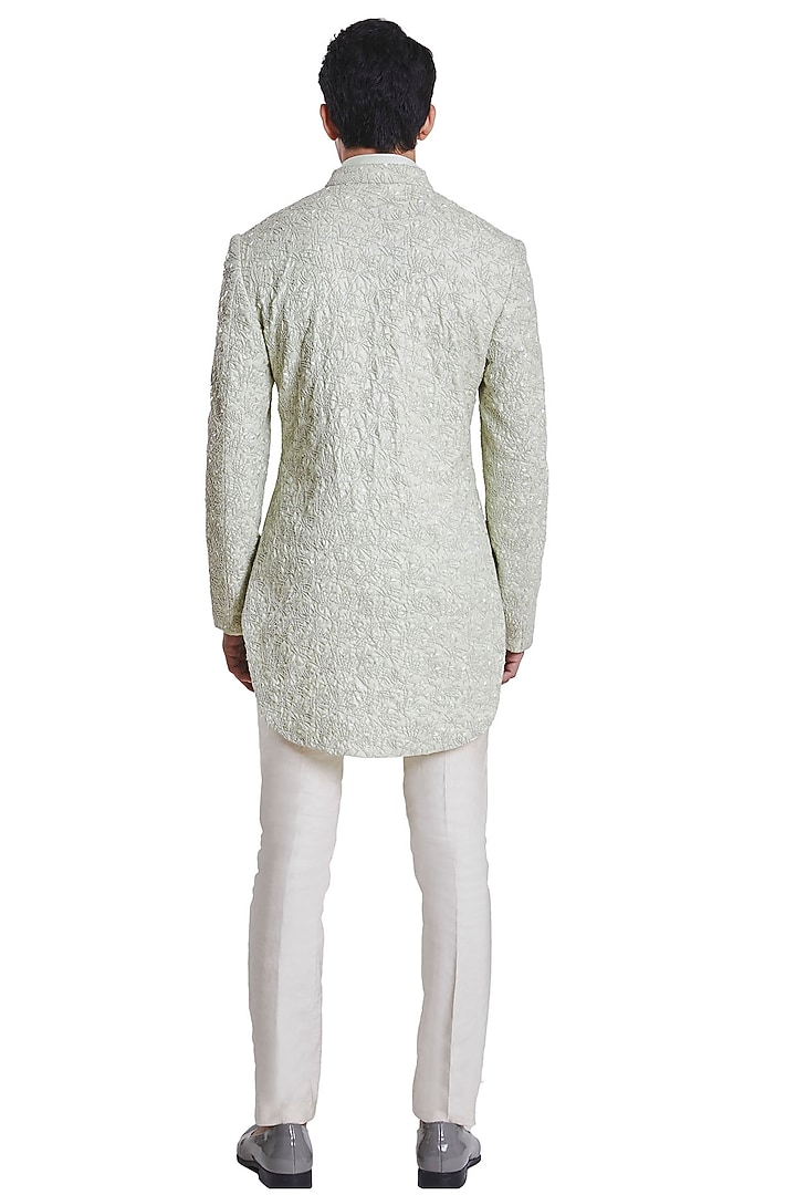 Mint Green Suiting Foilage Knotted Groom Sherwani by Kunal Rawal at Pernia's Pop Up Shop