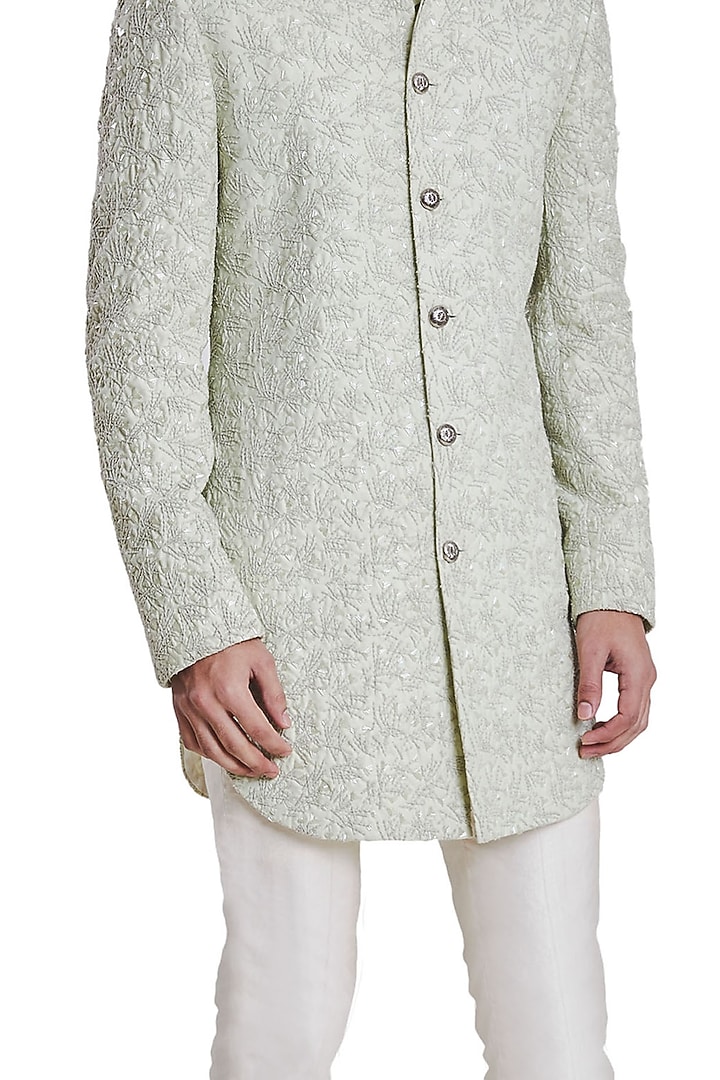 Mint Green Suiting Foilage Knotted Groom Sherwani by Kunal Rawal at Pernia's Pop Up Shop
