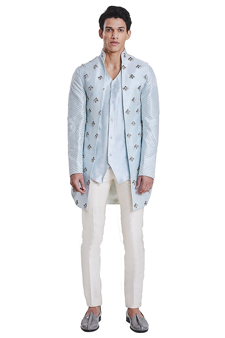Ice Blue Knotted Open Jacket by Kunal Rawal