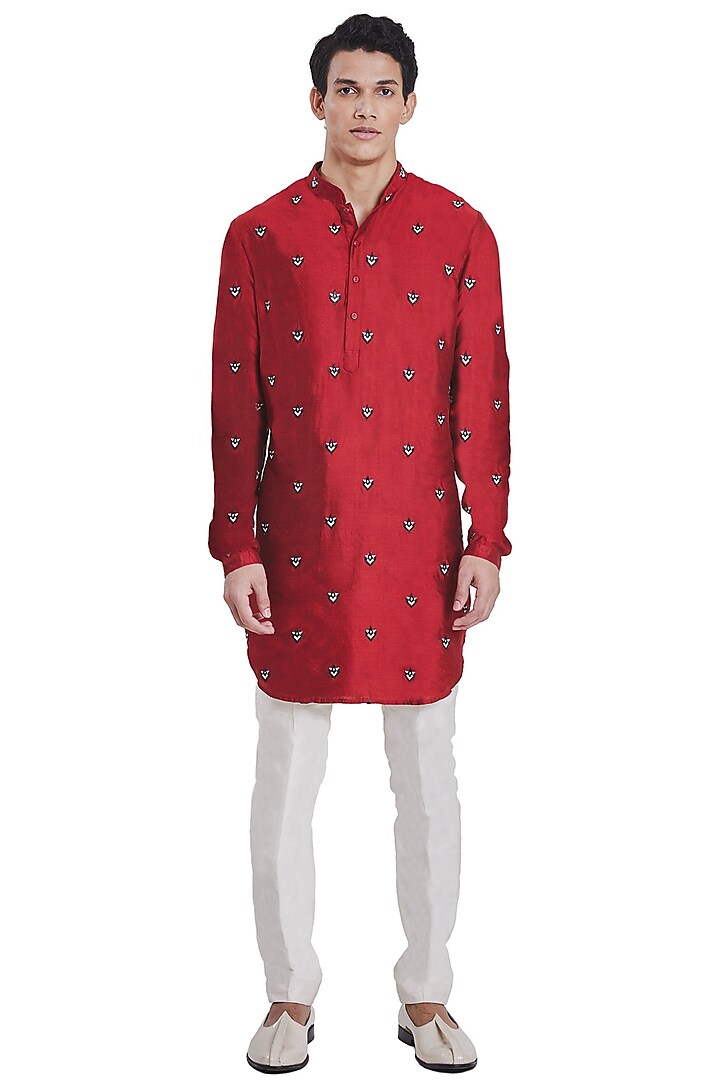 Red Floral Kurta With Placket by Kunal Rawal