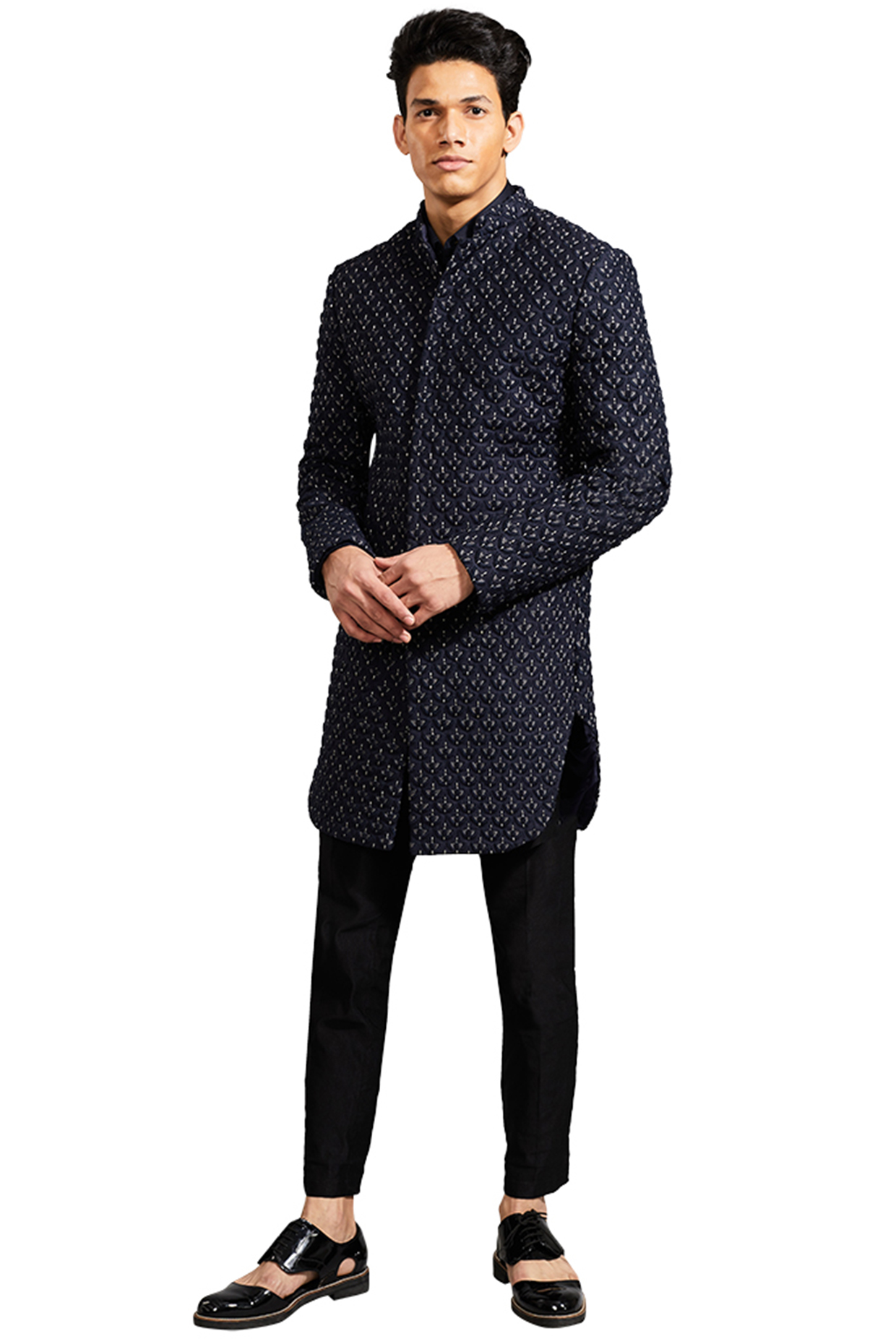 Navy Blue Threadwork Pattern Groom Sherwani by Kunal Rawal at Pernia's Pop Up Shop