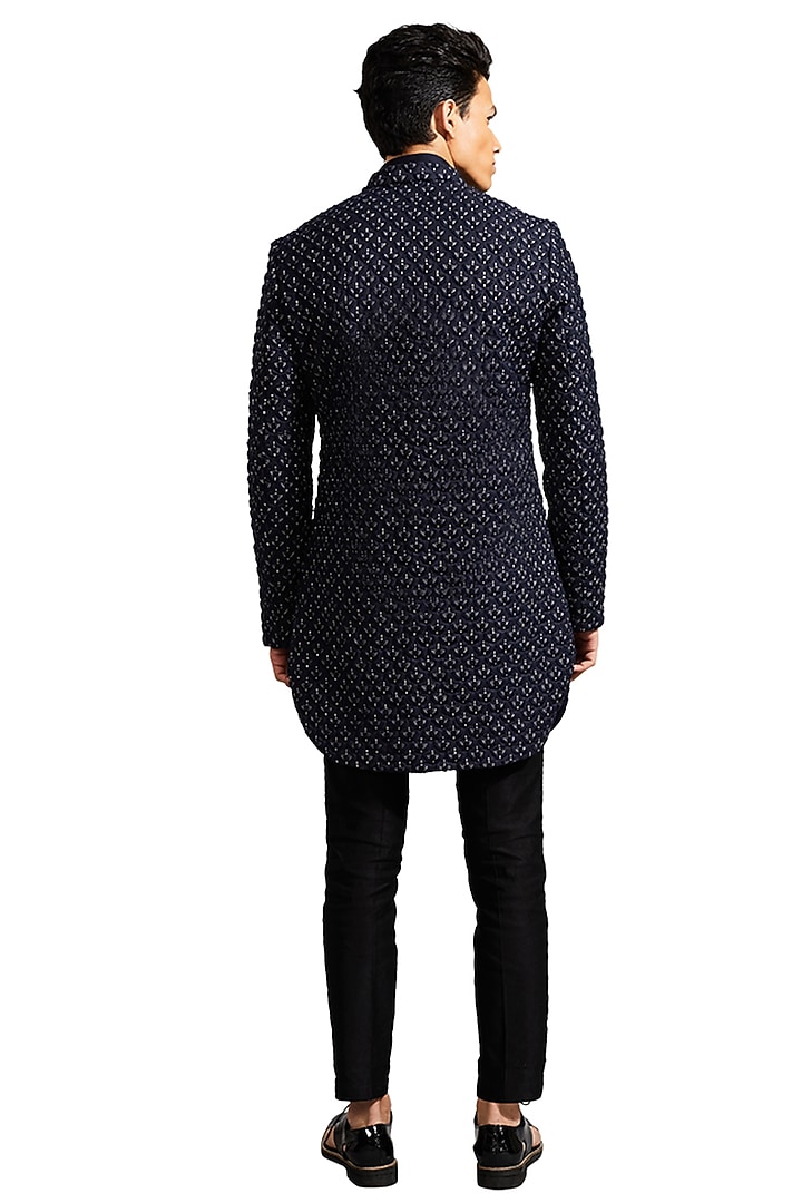 Navy Blue Suiting Threadwork Groom Sherwani by Kunal Rawal at Pernia's Pop Up Shop