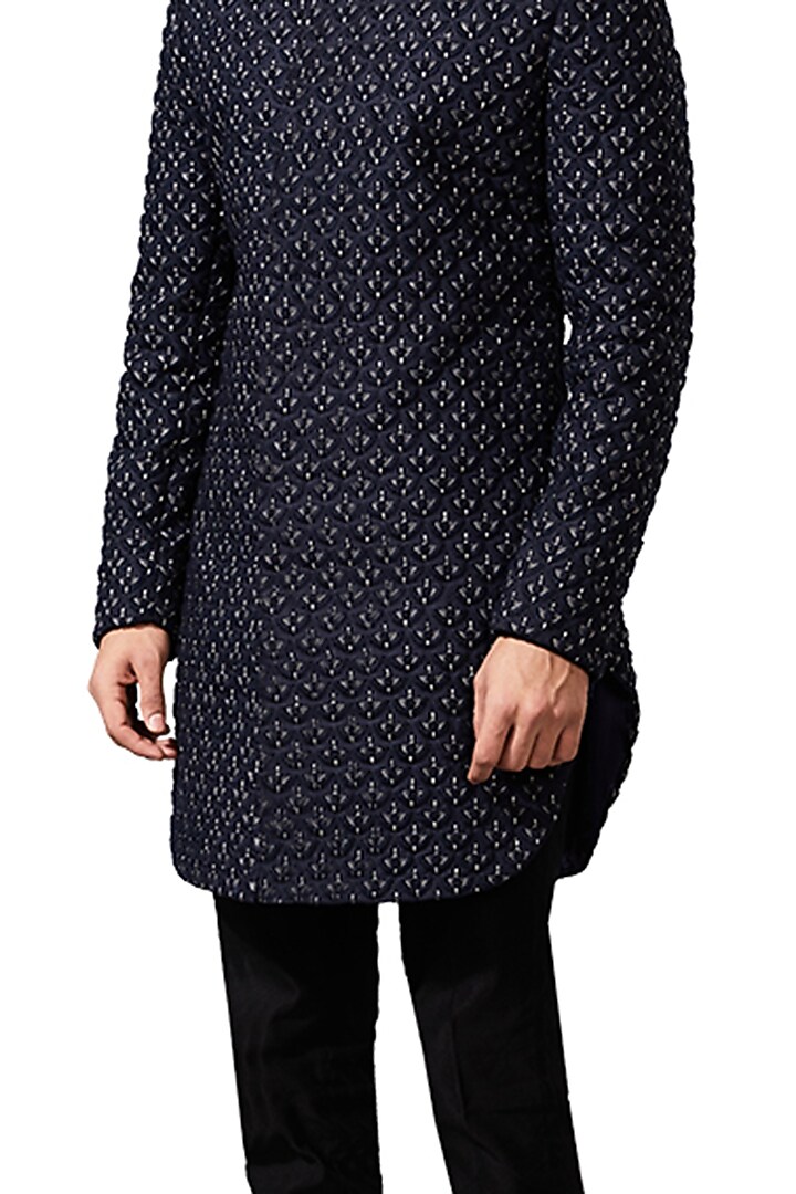 Navy Blue Suiting Threadwork Groom Sherwani by Kunal Rawal at Pernia's Pop Up Shop