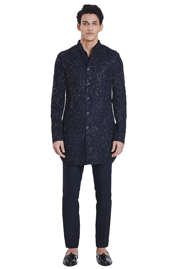 Navy Blue Deconstructed Foliage Groom Sherwani Set by Kunal Rawal at Pernia's Pop Up Shop
