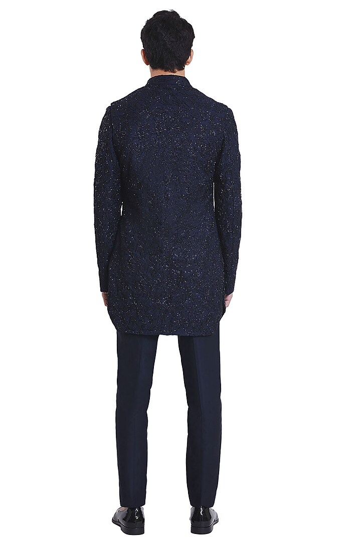 Navy Blue Deconstructed Foliage Groom Sherwani Set by Kunal Rawal at Pernia's Pop Up Shop