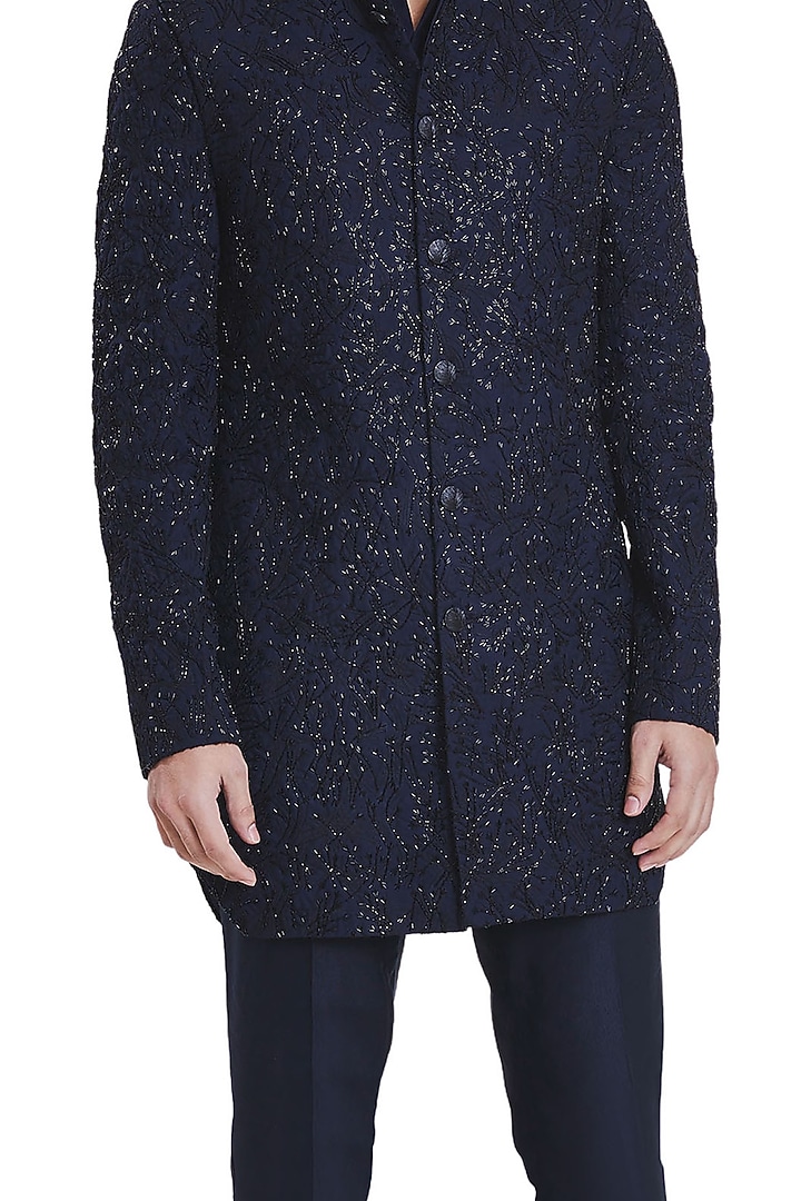 Navy Blue Deconstructed Foliage Groom Sherwani Set by Kunal Rawal at Pernia's Pop Up Shop