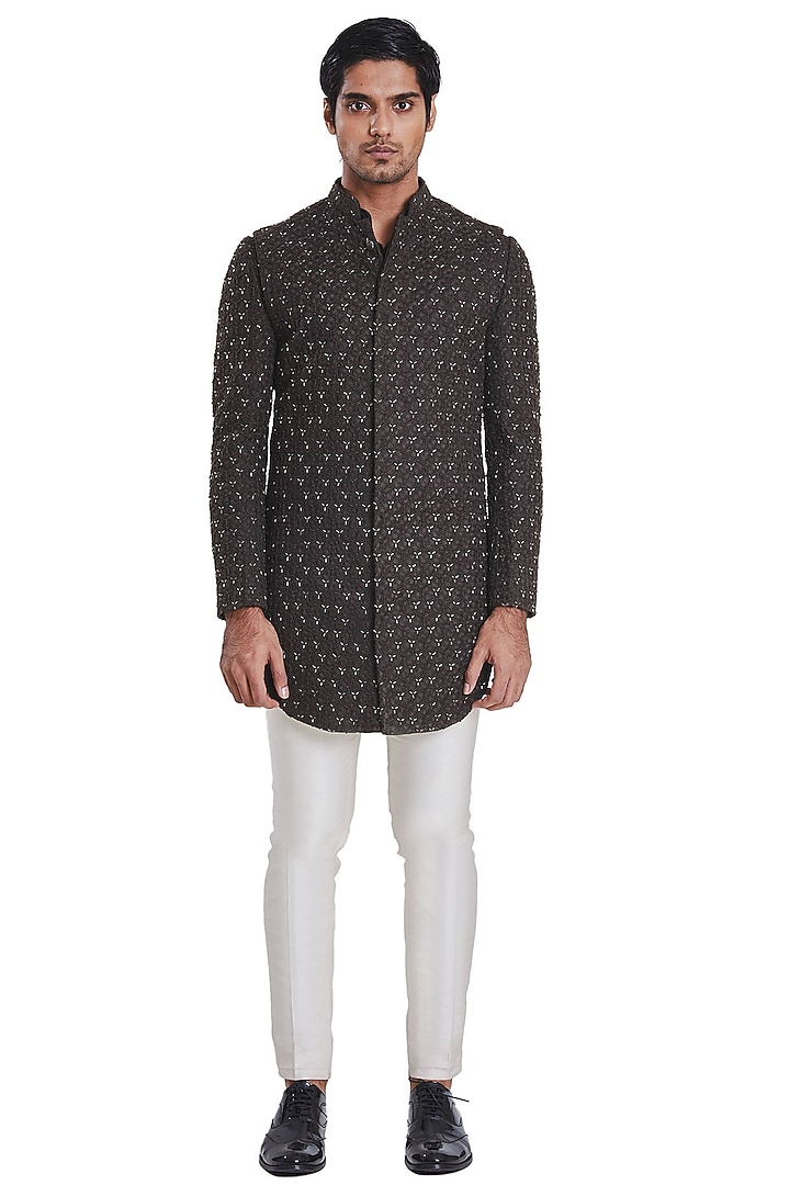 Olive Green Suiting Threadwork Deconstructed Sleeveless Groom Sherwani Set by Kunal Rawal at Pernia's Pop Up Shop