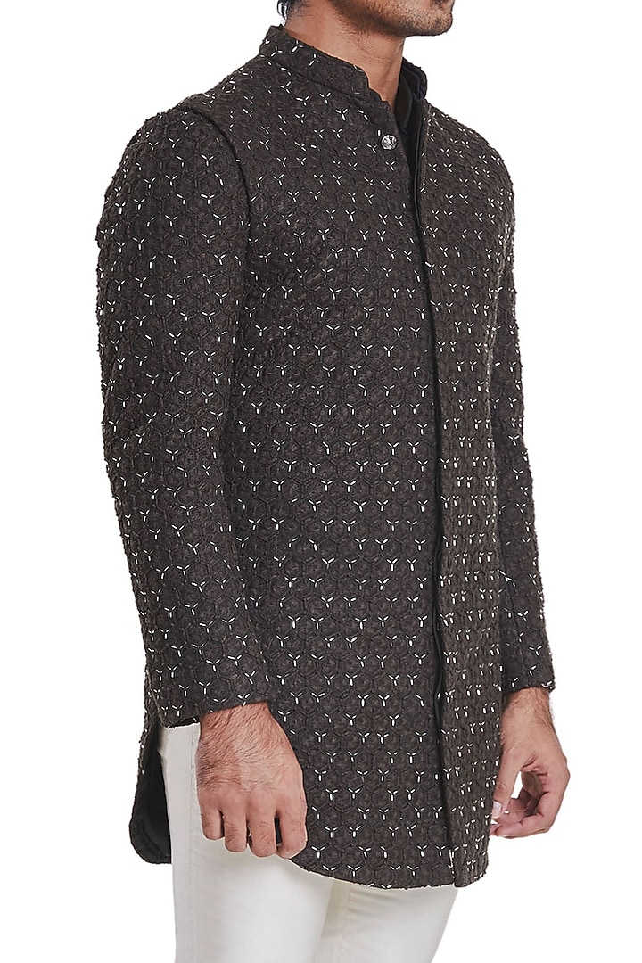 Olive Green Suiting Threadwork Deconstructed Sleeveless Groom Sherwani Set by Kunal Rawal at Pernia's Pop Up Shop