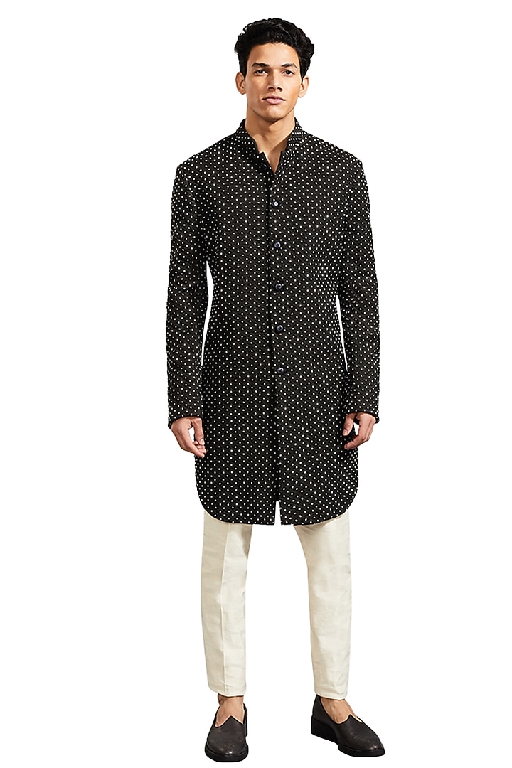 Olive Green Suiting Threadwork Groom Sherwani by Kunal Rawal at Pernia's Pop Up Shop