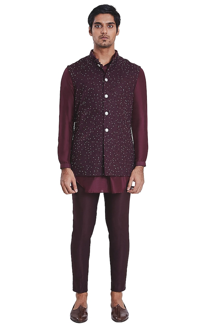 Wine Jacket With Flying Bird Pattern by Kunal Rawal