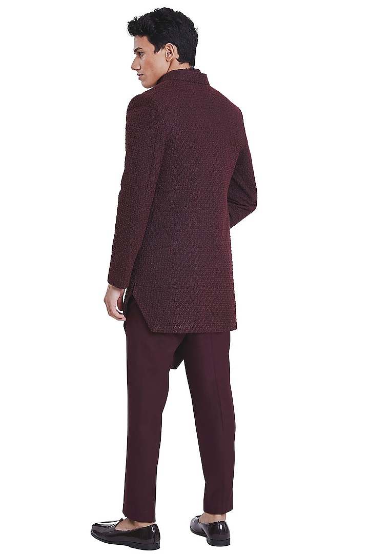 Wine Suiting Floral Knotted Deconstructed Groom Indowestern Jacket by Kunal Rawal at Pernia's Pop Up Shop