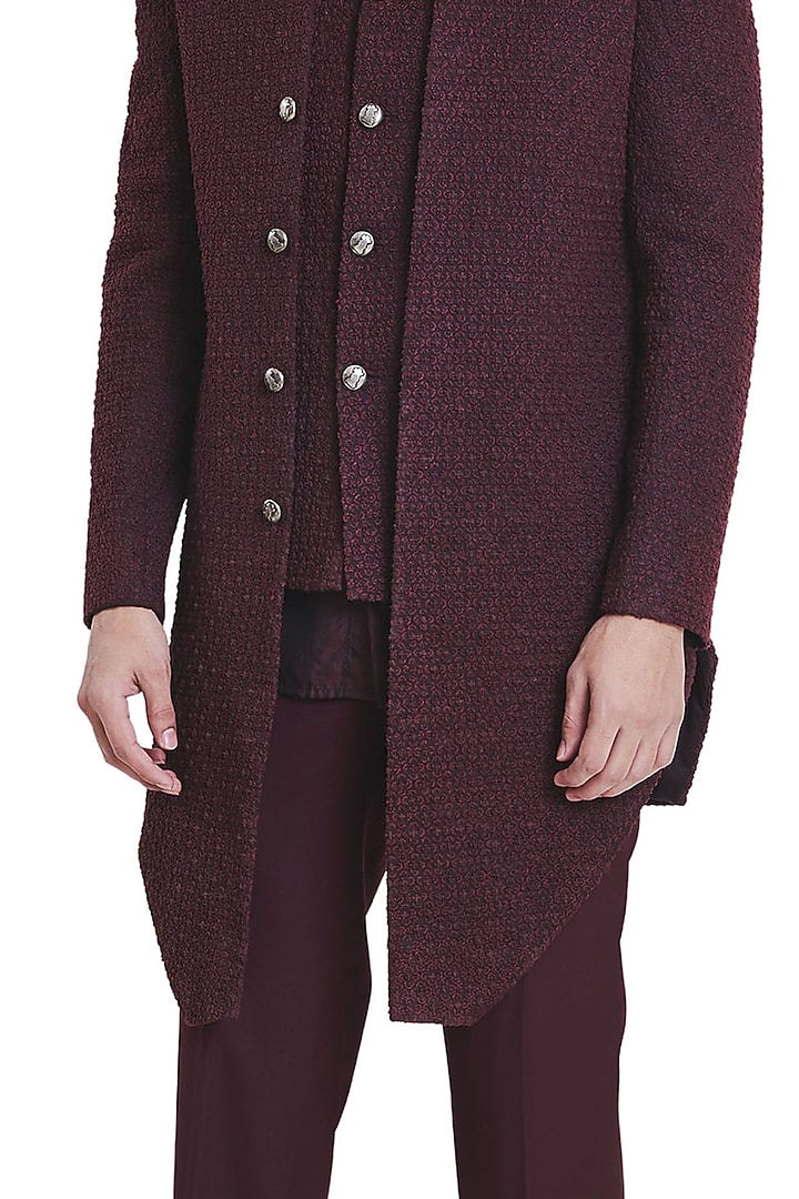 Wine Suiting Floral Knotted Deconstructed Groom Indowestern Jacket by Kunal Rawal at Pernia's Pop Up Shop
