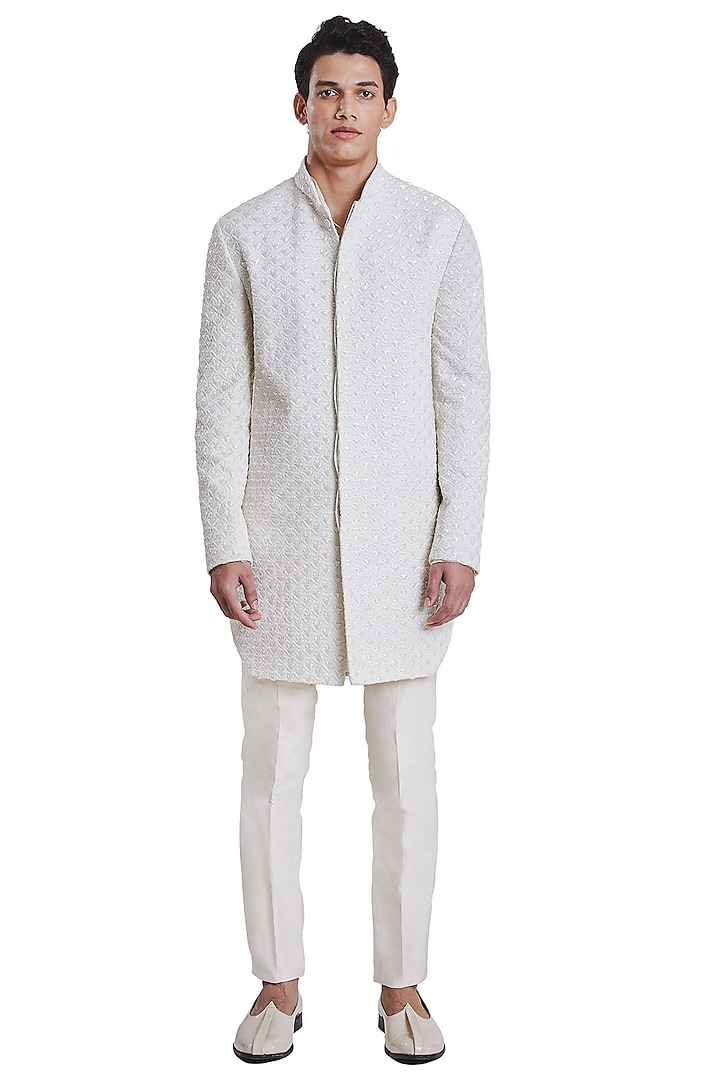Vanilla White Deconstructed Jacket With Kurta by Kunal Rawal