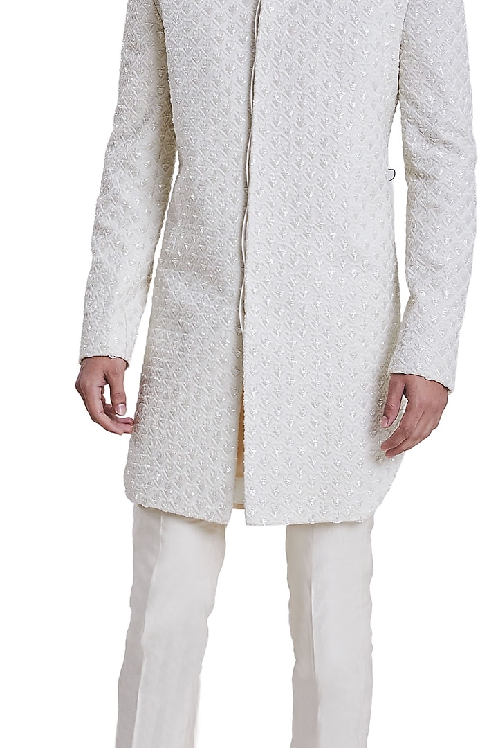 Vanilla White Babycord Deconstructed Groom Sherwani by Kunal Rawal at Pernia's Pop Up Shop