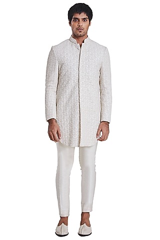 Vanilla White Suiting Knotted Sherwani by Kunal Rawal