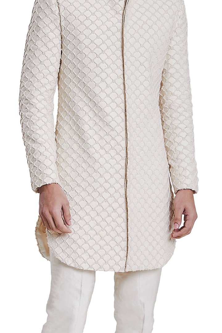 White Suiting Threadwork Groom Sherwani by Kunal Rawal at Pernia's Pop Up Shop