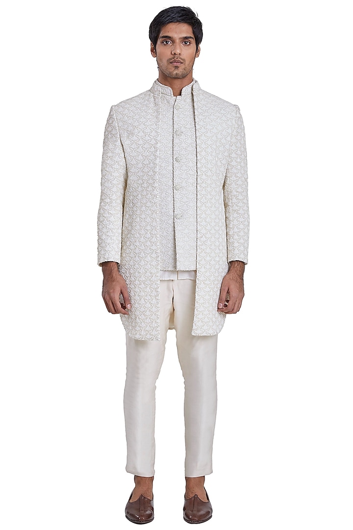 Vanilla White Beaded Open Indo-Western Jacket by Kunal Rawal